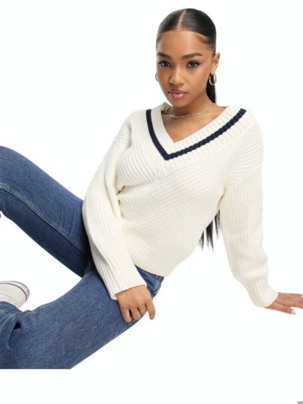 Abercrombie & Fitch Women's Tipped Wide V-Neck Chunky Knit Sweater Size XS